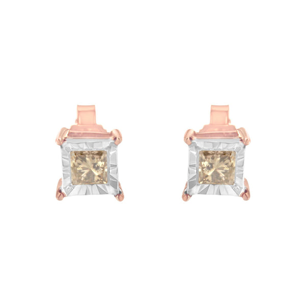 14K Rose Gold Plated Two-Tone .925 Sterling Silver 1/2 Cttw Princess-Cut Square Diamond Solitaire Miracle-Plate Stud Earrings (K-L Color, I2-I3 Clarity)