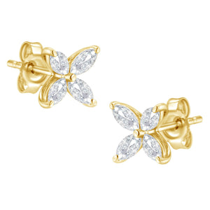 14K Gold Marquise Diamond 8 Stone Floral Leaf Stud Earrings (I-J Color, SI2-I1 Clarity)-1
