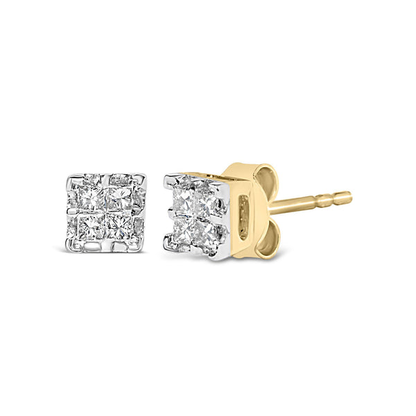10k Yellow Gold Princess Diamond Quad Stud Earrings (1/4 cttw, J-K Color, I2-I3 Clarity)