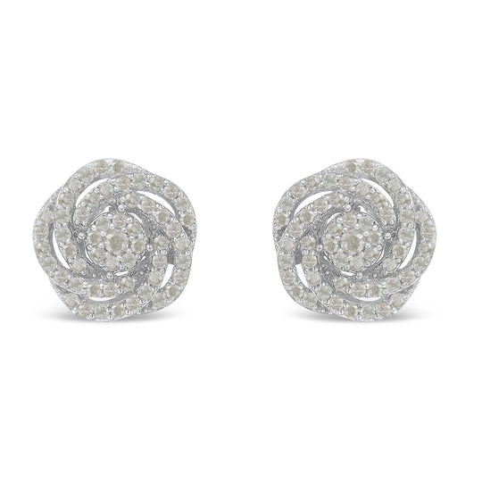 10K white gold earrings with rose-cut diamond stones in a floral cluster