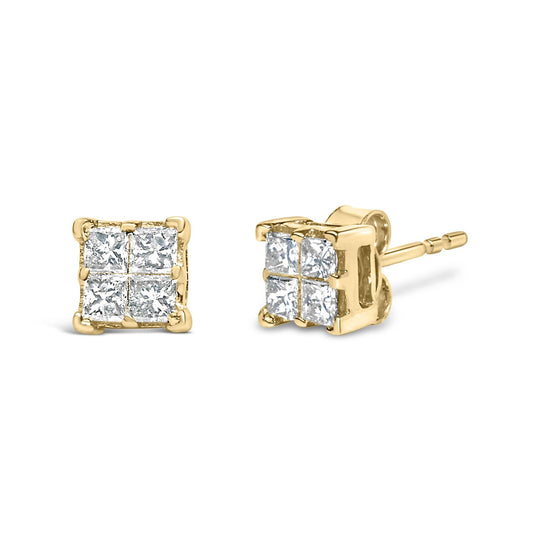 14K Yellow Gold 1/2 Cttw Invisible Set Princess Diamond Composite Square Stud Earring (K-L Color, SI1-SI2 Clarity)
