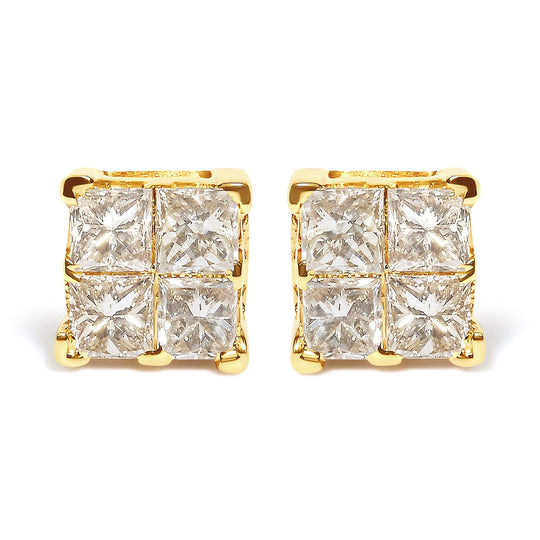 10K Yellow Gold 3/4 Cttw Invisible Set Princess-Cut Diamond Composite Square Stud Earrings (I-J Color, I2-I3 Clarity)-0