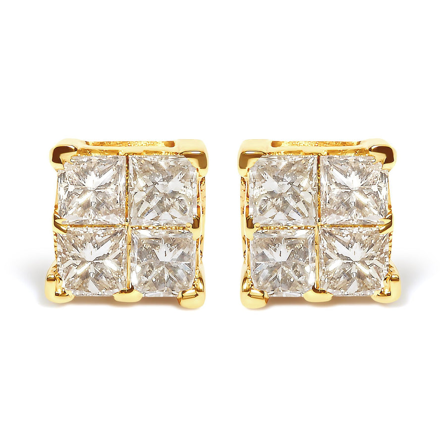 10K Yellow Gold 3/4 Cttw Invisible Set Princess-Cut Diamond Composite Square Stud Earrings (I-J Color, I2-I3 Clarity)
