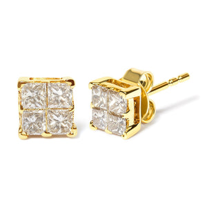 10K Yellow Gold 3/4 Cttw Invisible Set Princess-Cut Diamond Composite Square Stud Earrings (I-J Color, I2-I3 Clarity)-1