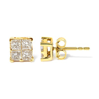 10K Yellow Gold 3/4 Cttw Invisible Set Princess-Cut Diamond Composite Square Stud Earrings (I-J Color, I2-I3 Clarity)