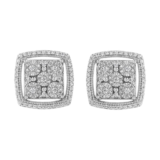 .925 Sterling Silver 3/8 Cttw Miracle Set Round Diamond Double Halo Cluster Earrings (I-J Color, I2-I3 Clarity)-0