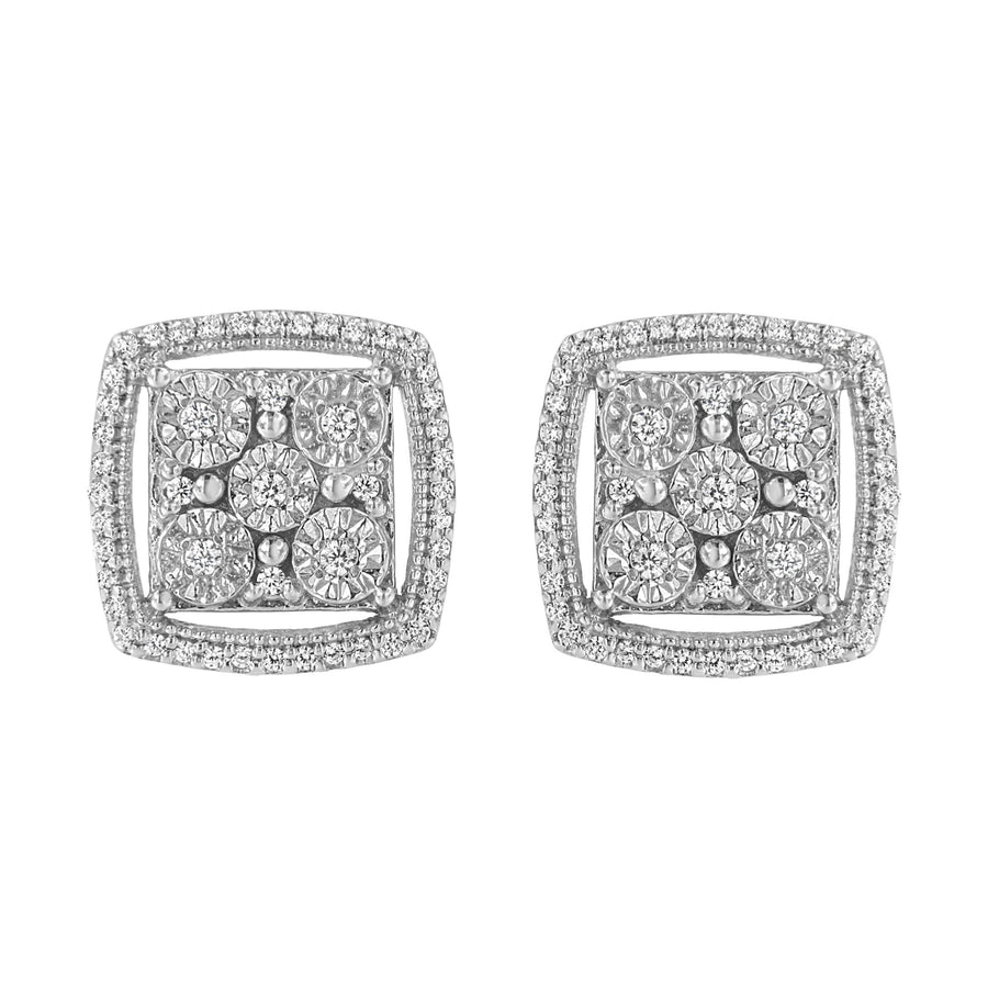 .925 Sterling Silver 3/8 Cttw Miracle Set Round Diamond Double Halo Cluster Earrings (I-J Color, I2-I3 Clarity)