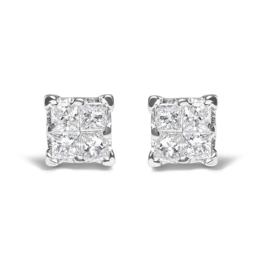 .925 Sterling Silver 1/4 Cttw Invisible Set Princess Diamond Composite Quad Stud Earrings (I-J Color, I1-I2 Clarity)-0