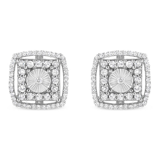 .925 Sterling Silver 1.0 Cttw Round Diamond Double Halo and Disc Stud Earring (I-J Color, I2-I3 Clarity)-0