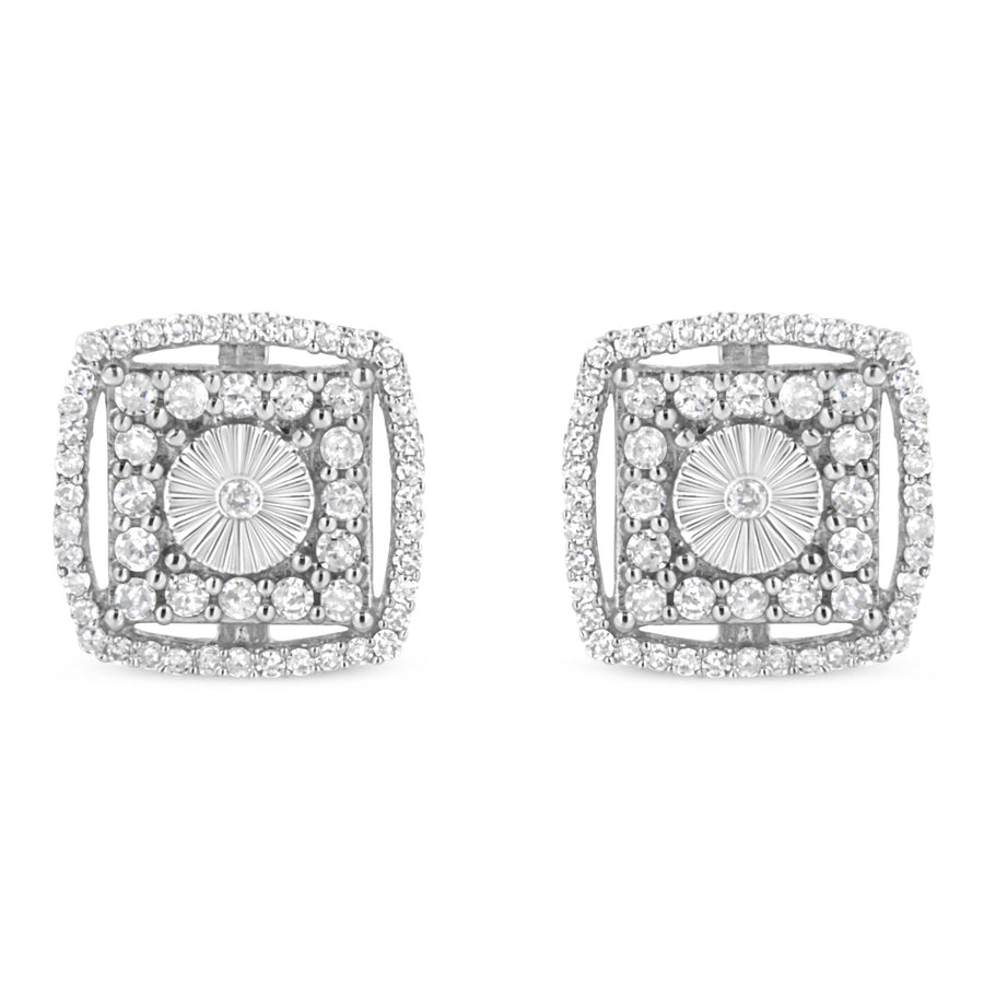 .925 Sterling Silver 1.0 Cttw Round Diamond Double Halo and Disc Stud Earring (I-J Color, I2-I3 Clarity)