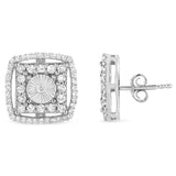 .925 Sterling Silver 1.0 Cttw Round Diamond Double Halo and Disc Stud Earring (I-J Color, I2-I3 Clarity)-1 thumbnail 2