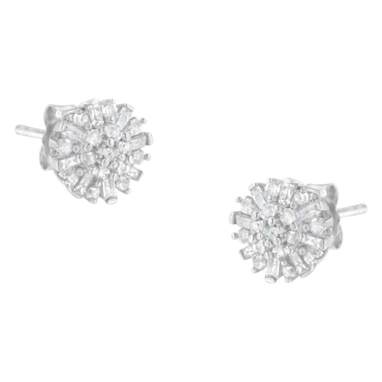 .925 Sterling Silver 1/2 Round and Baguette Diamond Sunburst Floral Cluster Stud Earrings (I-J Color, I3 Clarity)-0