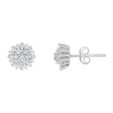 .925 Sterling Silver 1/2 Round and Baguette Diamond Sunburst Floral Cluster Stud Earrings (I-J Color, I3 Clarity)-1 thumbnail 2