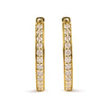 10K yellow gold hoop earrings with round diamond stones set in a continuous line