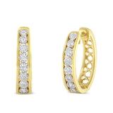 10K white and yellow gold hoop earrings with two rows of round diamonds thumbnail 1