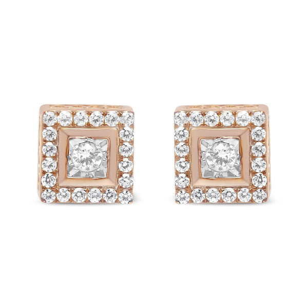14K Rose Gold Plated .925 Sterling Silver 1/2 Cttw Diamond Halo Square-Shaped Frame Stud Earring (I-J Color, I3 Clarity)