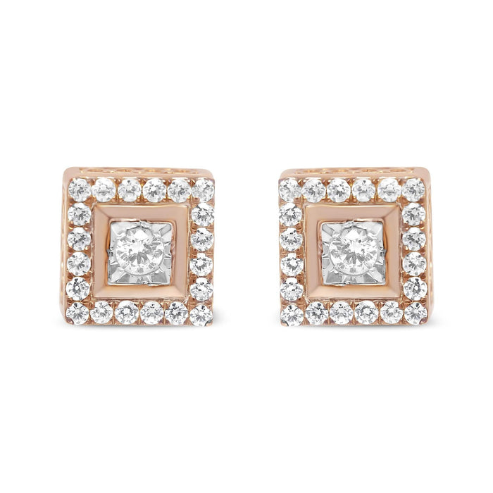 14K Rose Gold Plated .925 Sterling Silver 1/2 Cttw Diamond Halo Square-Shaped Frame Stud Earring (I-J Color, I3 Clarity)