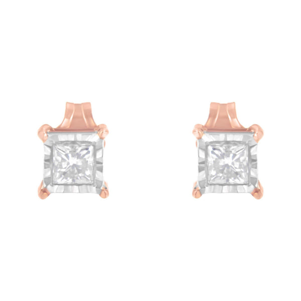 14K Rose Gold Plated Two-Tone .925 Sterling Silver 1/2 Cttw Princess-Cut Square Near Colorless Diamond Solitaire Miracle-Plate Stud Earrings (J-K Color, I2-I3 Clarity)