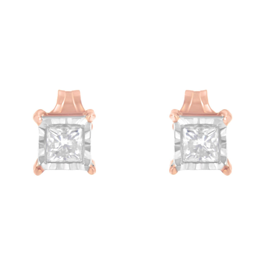 14K Rose Gold Plated Two-Tone .925 Sterling Silver 1/2 Cttw Princess-Cut Square Near Colorless Diamond Solitaire Miracle-Plate Stud Earrings (J-K Color, I2-I3 Clarity)