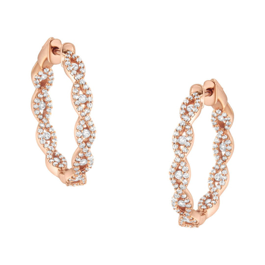 10K rose gold hoop earrings with round diamond stones, 1 carat total weight
