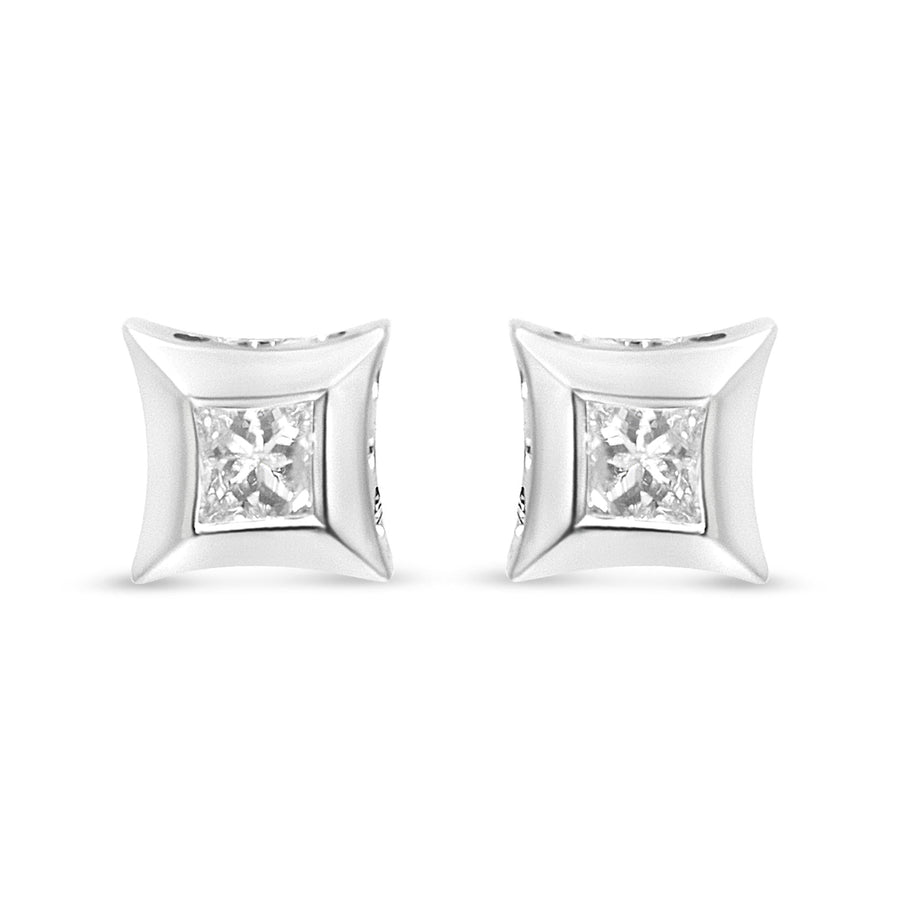 Sterling Silver 1/3 Cttw Princess Cut Diamond Square Stud Earrings
