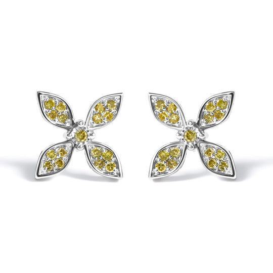 925 sterling silver floral stud earrings with yellow treated diamond accent stones