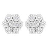 14K white gold earrings with 7 round diamond stones in floral cluster thumbnail 1
