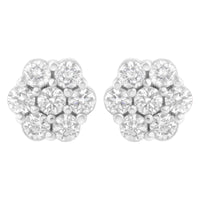 14K White Gold 7 Stone Floral Cluster Round Brilliant Cut Diamond Stud Earrings with Screw Backs(I-J, SI2-I1)