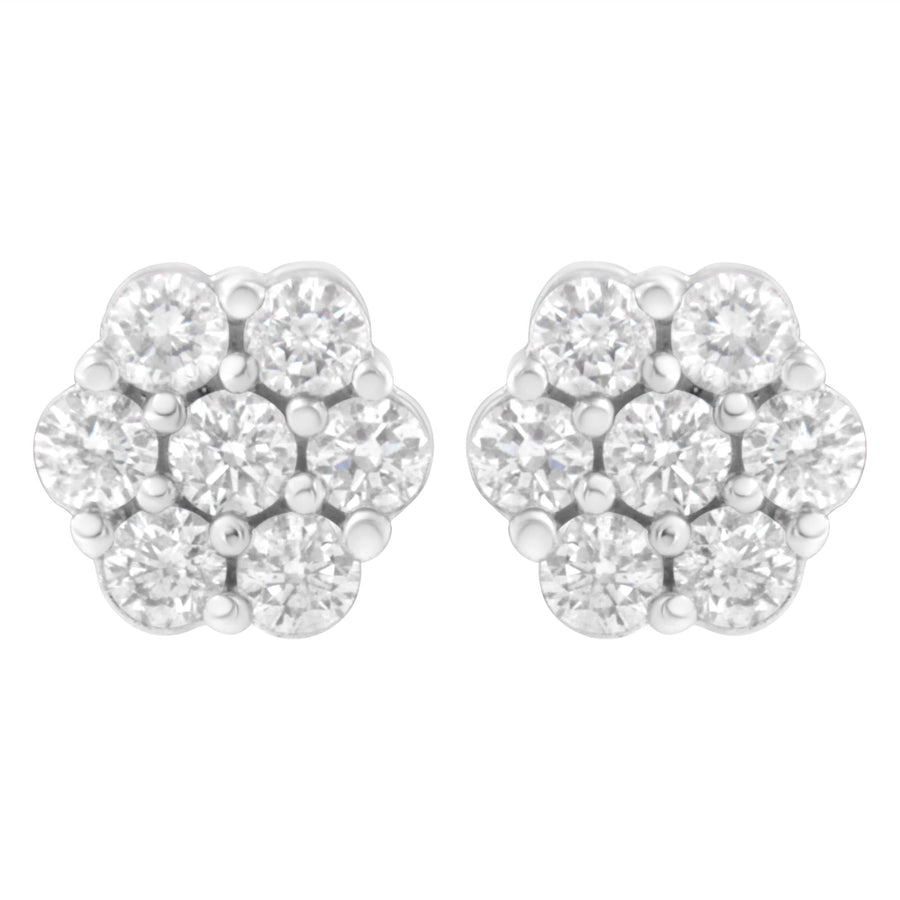 14K White Gold 7 Stone Floral Cluster Round Brilliant Cut Diamond Stud Earrings with Screw Backs(I-J, SI2-I1)