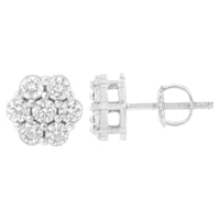 14K White Gold 7 Stone Floral Cluster Round Brilliant Cut Diamond Stud Earrings with Screw Backs(I-J, SI2-I1)