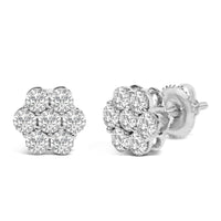 14K White Gold 7 Stone Floral Cluster Round Brilliant Cut Diamond Stud Earrings with Screw Backs(I-J, SI2-I1)