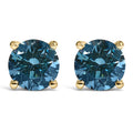 14K gold stud earrings with 2 round blue lab grown diamond stones