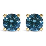 14K gold stud earrings with 2 round blue lab grown diamond stones thumbnail 1