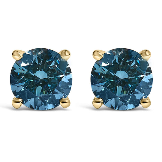 14K gold stud earrings with 2 round blue lab grown diamond stones