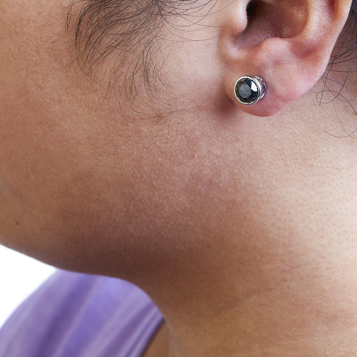 14K White Gold Round Brilliant-Cut Black Diamond Bezel-Set Stud Earrings with Screw Backs (Fancy Color-Enhanced, I2-I3 Clarity)