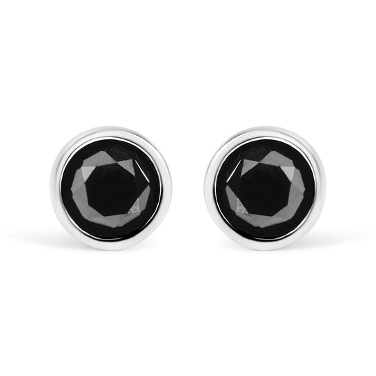 14K White Gold Round Brilliant-Cut Black Diamond Bezel-Set Stud Earrings with Screw Backs (Fancy Color-Enhanced, I2-I3 Clarity)-0