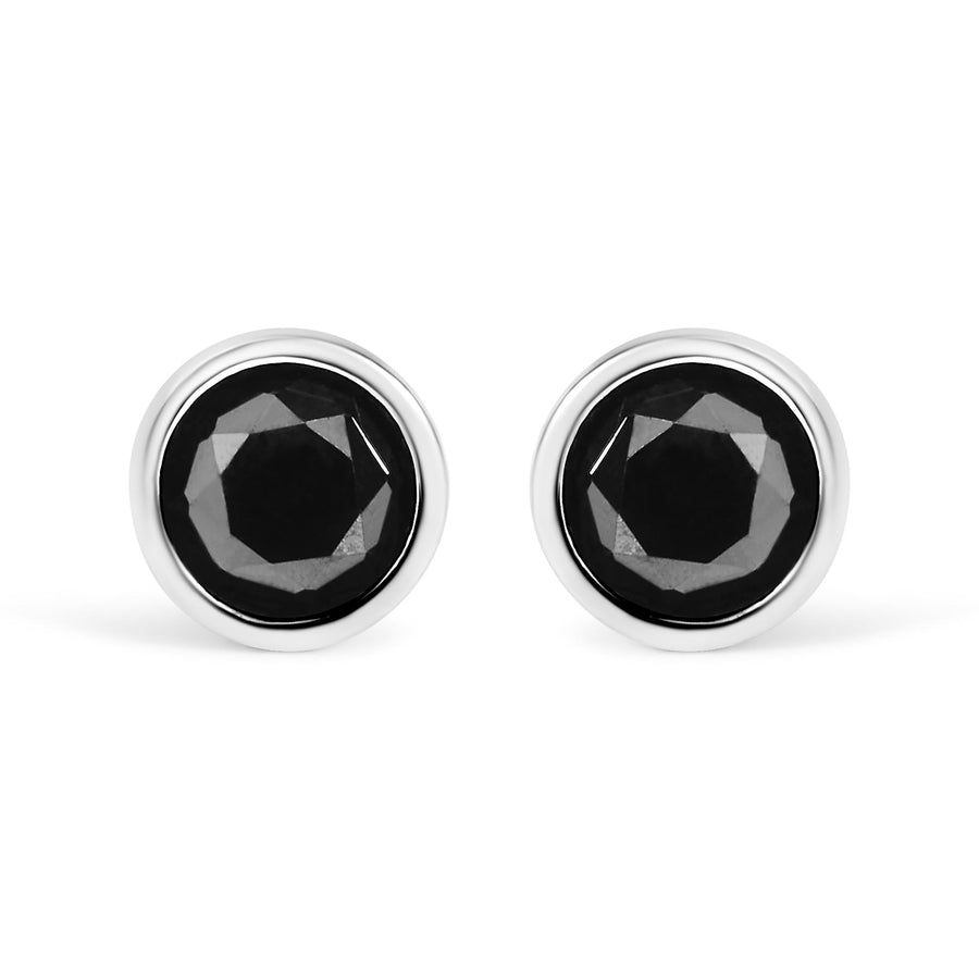 14K White Gold Round Brilliant-Cut Black Diamond Bezel-Set Stud Earrings with Screw Backs (Fancy Color-Enhanced, I2-I3 Clarity)