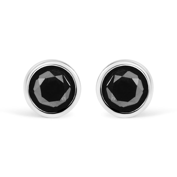 .925 Sterling Silver Round Brilliant-Cut Black Diamond Bezel-Set Stud Earrings with Screw Backs (Fancy Color-Enhanced, I2-I3 Clarity)