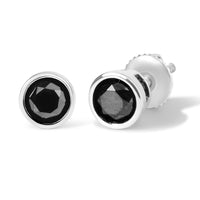 14K White Gold Round Brilliant-Cut Black Diamond Bezel-Set Stud Earrings with Screw Backs (Fancy Color-Enhanced, I2-I3 Clarity)