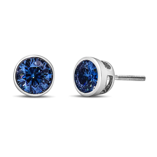 14K White Gold 1.0 Cttw Blue Lab Grown Diamond Screw-Back Classic Bezel Solitaire Stud Earrings (Blue Color, VS2-SI1 Clarity)-0