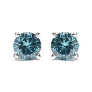 14K Gold 1/2 Cttw Aqua Blue Diamond Screw-Back 4-Prong Classic Stud Earrings (Color Treated, I2-I3)-1
