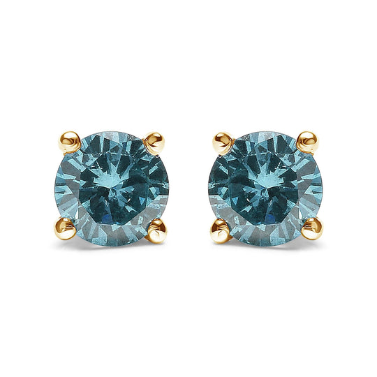 14K Gold 1/2 Cttw Aqua Blue Diamond Screw-Back 4-Prong Classic Stud Earrings (Color Treated, I2-I3)-0