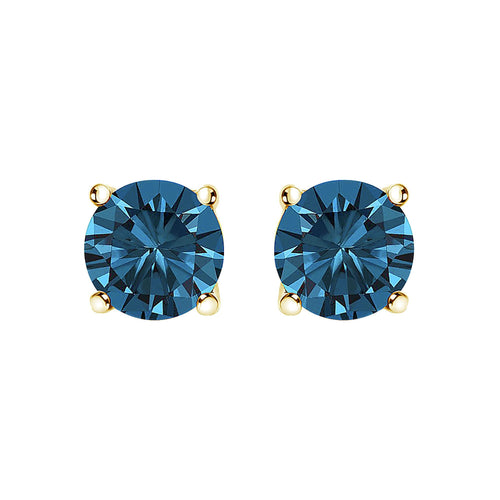 14K Gold Round Brilliant Cut Lab Grown Blue Diamond 4-Prong Classic Solitaire Stud Earrings with Pushbacks