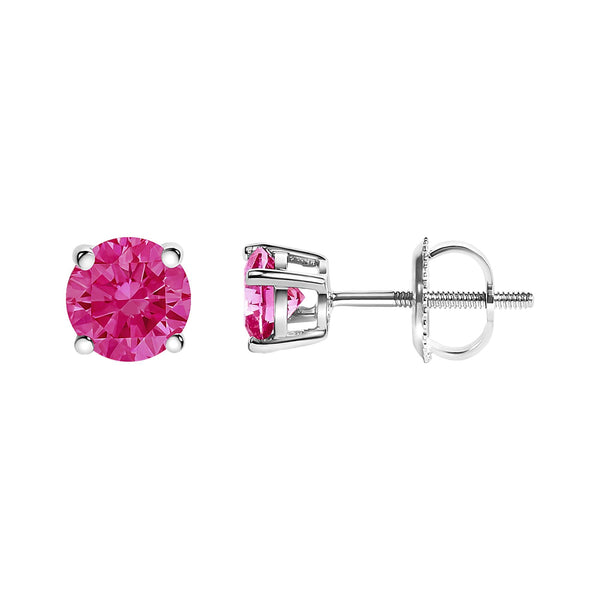 10K White Gold 1.0 Cttw Lab Created Round Brilliant Cut Pink Diamond Classic 4-Prong Solitaire Stud Earrings (Fancy Pink Color, VVS2-VS1 Clarity)