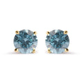 14K yellow gold stud earrings with 2 round aqua blue diamond stones