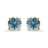 14K yellow gold stud earrings with 2 round aqua blue diamond stones thumbnail 1