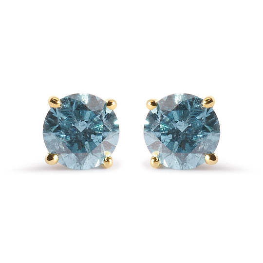 14K Yellow Gold 1.0 Cttw Treated Aqua Blue Diamond Classic Solitaire Stud Earrings (Aqua Blue Color, I2-I3 Clarity)-0