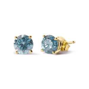 14K Yellow Gold 1.0 Cttw Treated Aqua Blue Diamond Classic Solitaire Stud Earrings (Aqua Blue Color, I2-I3 Clarity)-1