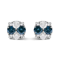 .925 Sterling Silver 2.0 Cttw Blue Diamond Composite Cluster Stud Earring