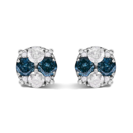 .925 Sterling Silver 2.0 Cttw Blue Diamond Composite Cluster Stud Earring-0